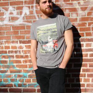 Graphic Tee Grey Original Artist Design Collage Print Scenic Retro Handmade